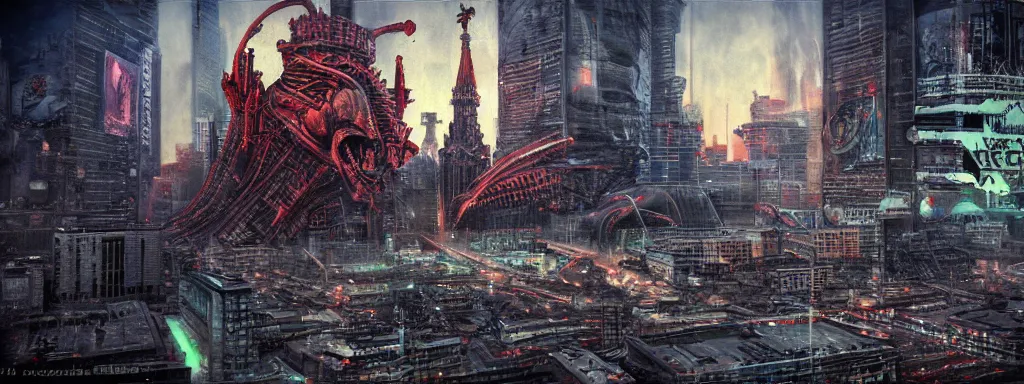 Prompt: alien predator attacks moscow red square. extreme long shot. cyberpunk art. high detail