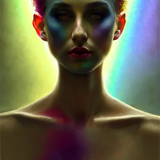Image similar to a beautiful rainbow queen being watched by a being of darkness, diffuse lighting, fantasy, intricate , elegant, highly detailed, lifelike, photorealistic, digital painting, artstation, illustration, concept art, smooth, sharp focus, art by John Collier and Albert Aublet and Leonardo da vinci and Krenz Cushart and Artem Demura and Alphonse Mucha-H 704