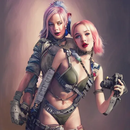 Image similar to lalisa gray and dove cameron as tank girl, fantasy, portrait, highly detailed, waist up, low camera angle, digital painting, trending on artstation, concept art, sharp focus, illustration, art by artgerm and greg rutkowski and magali villeneuve