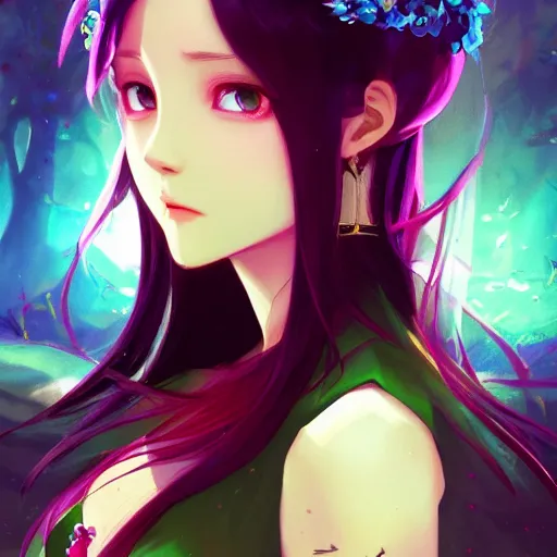 Image similar to portrait of a beautiful girl with dark hair, fantasy style clothing, castle interior background, rich vivid colors, ambient lighting, dynamic lighting, 4k, official media, anime key visual, makoto shinkai, ilya kuvshinov, lois van baarle, rossdraws, detailed, trending on artstation