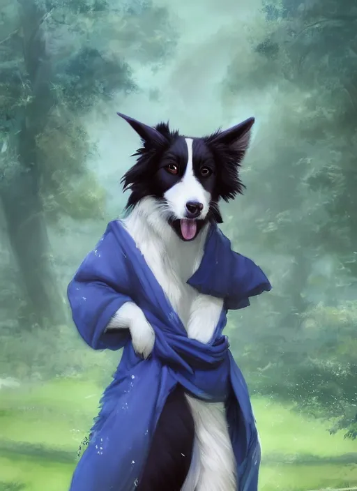 Image similar to wide angle beautiful full body portrait of a cute male anthropomorphic anthro border collie fursona wearing indigo robes in a park, character design by charlie bowater, henry asencio, and ross tran, disney, anime, scenic background, detailed, glamor pose, aesthetic, trending on artstation, furaffinity, deviantart