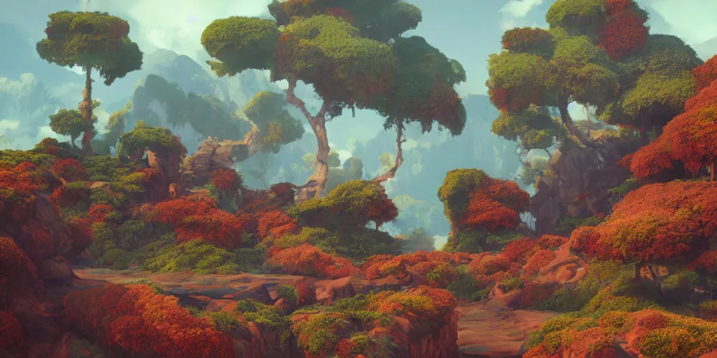 Image similar to 3d rendered landscape painted by james jean playstation journey style , redshift, octane