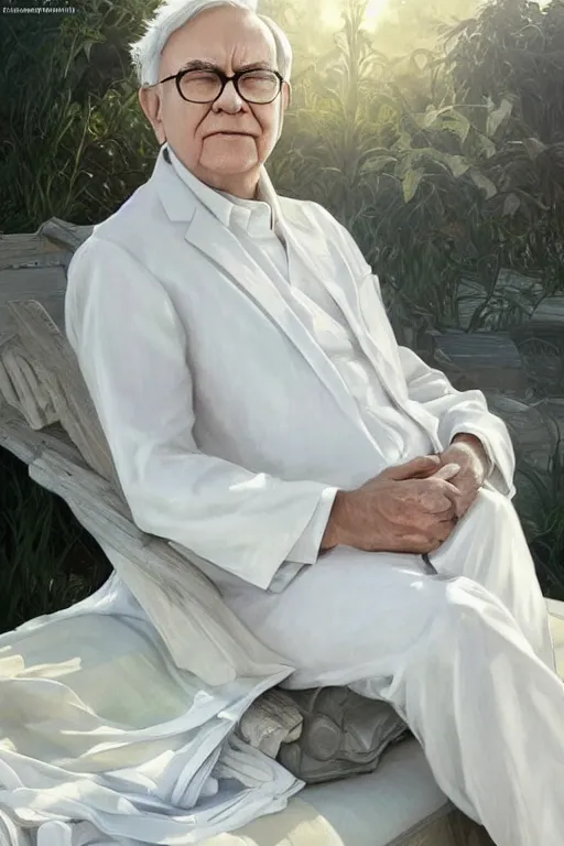 Image similar to warren buffet godly white clothes meditating in the sun, blank lighting ultra realistic photorealistic highly detailed high quality, a stunningly, digital painting, artstation, concept art, smooth, sharp focus, illustration, art by artgerm and greg rutkowski and alphonse mucha 8 k