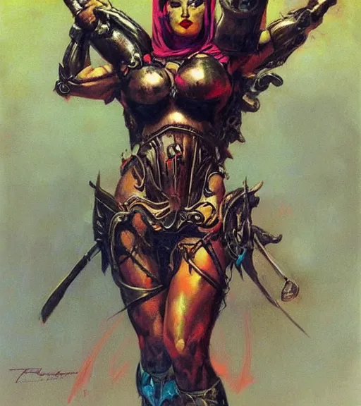 Image similar to portrait of strong iranian female chaos angel, beautiful! coherent! by frank frazetta, by brom, strong line, vivid neon color, spiked scrap metal armor, iron helm maximalist