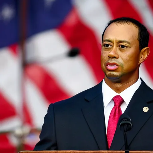 Image similar to tiger woods giving the state of the union address as president of the united states of america. ultra realistic. 4 k.