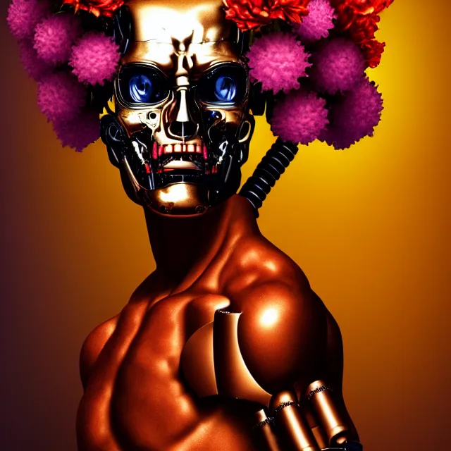 Prompt: bizarre surreal renaissance portrait of the terminator with a a flower afro made out of various flowers, eating flowers, dramatic cinematic lighting, bold colors, 8 k, beautiful intricate painting, hyper realistic, octane render