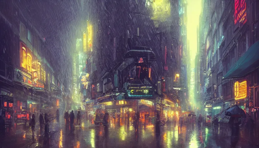 Prompt: city street in 8 0 s decade of xx century in early evening by neon lights during rain, shadows, reflections, epic composition, intricate, elegant, volumetric lighting, digital painting, highly detailed, artstation, sharp focus, illustration, concept art, ruan jia, steve mccurry