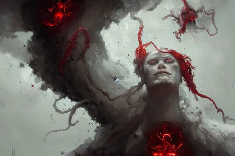 Image similar to painting by greg rutkowski of a flying human head and face that is chalk white in color, with white tentacles coming of the neck, red eyes, flying in a terrying hell like cavernous place