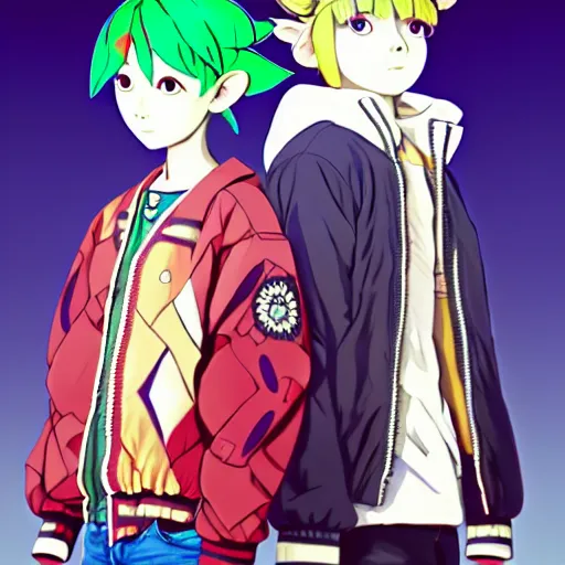 Image similar to majora majora's mask wearing oversized mayan bomber jacket with overalls, bulky poofy bomber jacket with mayan patterns, aztec street fashion, genshin impact art style, gapmoe yandere grimdark, trending on pixiv fanbox, painted by greg rutkowski makoto shinkai takashi takeuchi studio ghibli, akihiko yoshida