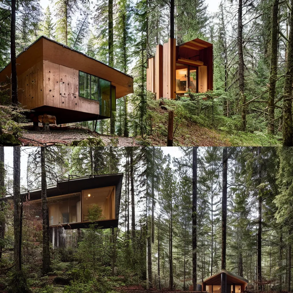 Prompt: a cozy brutalist cabin deep in the forest primeval
