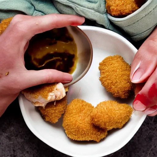 Prompt: rotten human hand picking up a moldy chicken nugget in a bowl, hd, 4k image