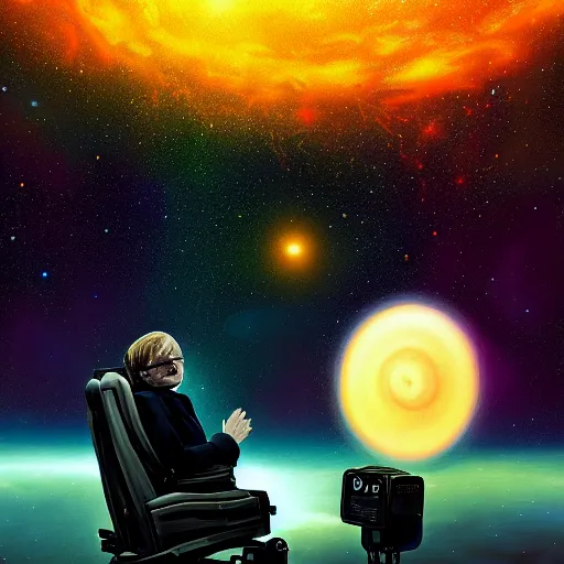 Image similar to stephen hawking with space in the background, universe, galaxies, planets, black hole, by anato finnstark