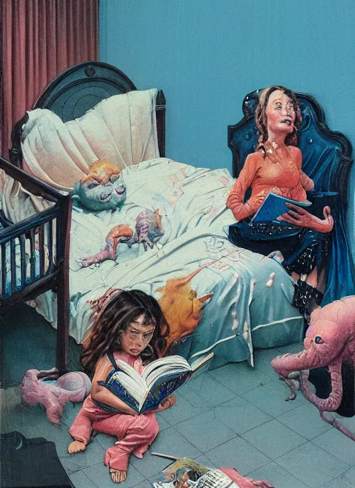 Prompt: realistic detailed image of a mother reading a bed time story to her child in bed with monster under the bed in the style of Francis Bacon, Surreal, Norman Rockwell and James Jean, Greg Hildebrandt, and Mark Brooks, triadic color scheme, By Greg Rutkowski, in the style of Francis Bacon and Syd Mead and Edward Hopper and Norman Rockwell and Beksinski, open ceiling, highly detailed, painted by Francis Bacon, painted by James Gilleard, surrealism, airbrush, Ilya Kuvshinov, WLOP, Stanley Artgerm, very coherent, art by Takato Yamamoto and James Jean