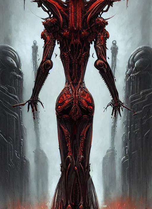 Image similar to masterpiece, infernal lady concept art, stylized, doom, elegant, imperial, epic, intricate art by h. r. giger, greg rutkowski, josan gonzalez, zdizslaw beksinski, biomechanical, crimson darkness, hellscape