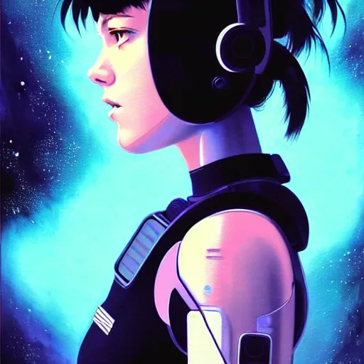 Image similar to side portrait scifi cyborg girl with robotic parts and spacesuit | | head only in center of image, audrey plaza, fine detail!! anime!! realistic shaded lighting!! poster by ilya kuvshinov katsuhiro otomo ghost - in - the - shell, magali villeneuve, artgerm, jeremy lipkin and michael garmash and rob rey