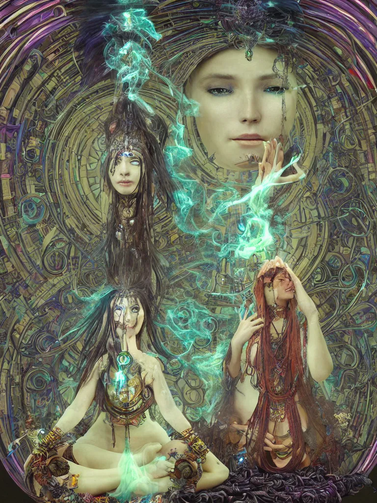 Prompt: an ancient mystical alluring female shaman generating flowing energy and surrounded by wisps of incense smoke sits meditating in a magical cybernetic robot temple , face face face, by android jones and brian froud and alphonse mucha, 3d, cinema 4d render