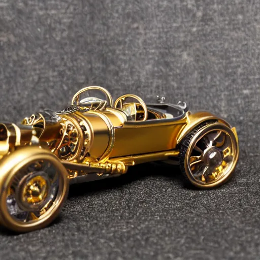 Prompt: 5 5 mm photo of metallic gold steampunk shelby like hot wheels model with a london city as background