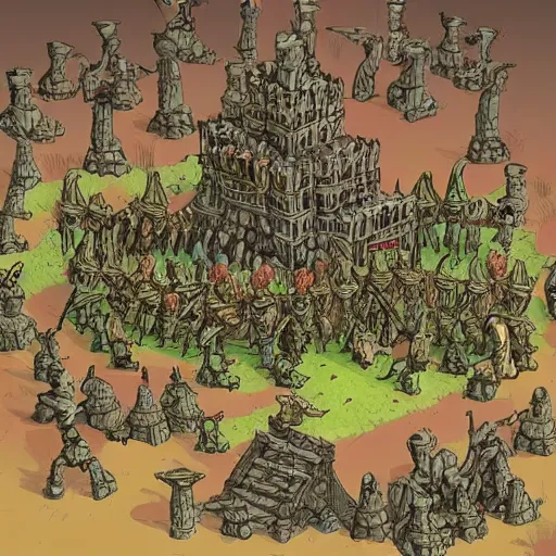 Image similar to a human fortress overrun by a horde of attacking goblins,extremely detailed multiple unique different art styles.