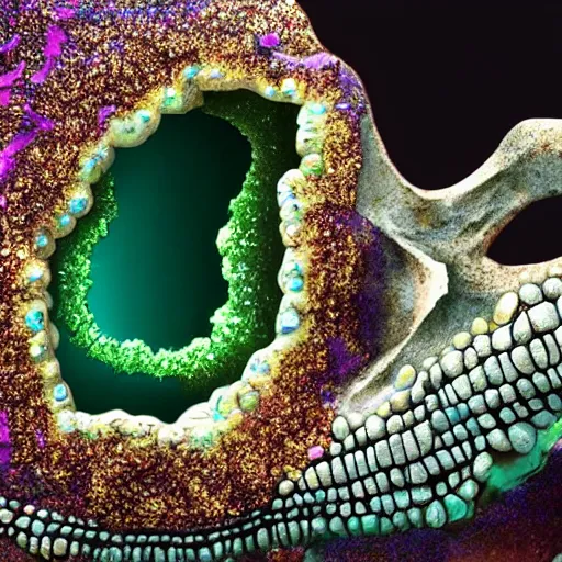 Image similar to a dinosaur skeleton on a iridescent crystal cracked geode