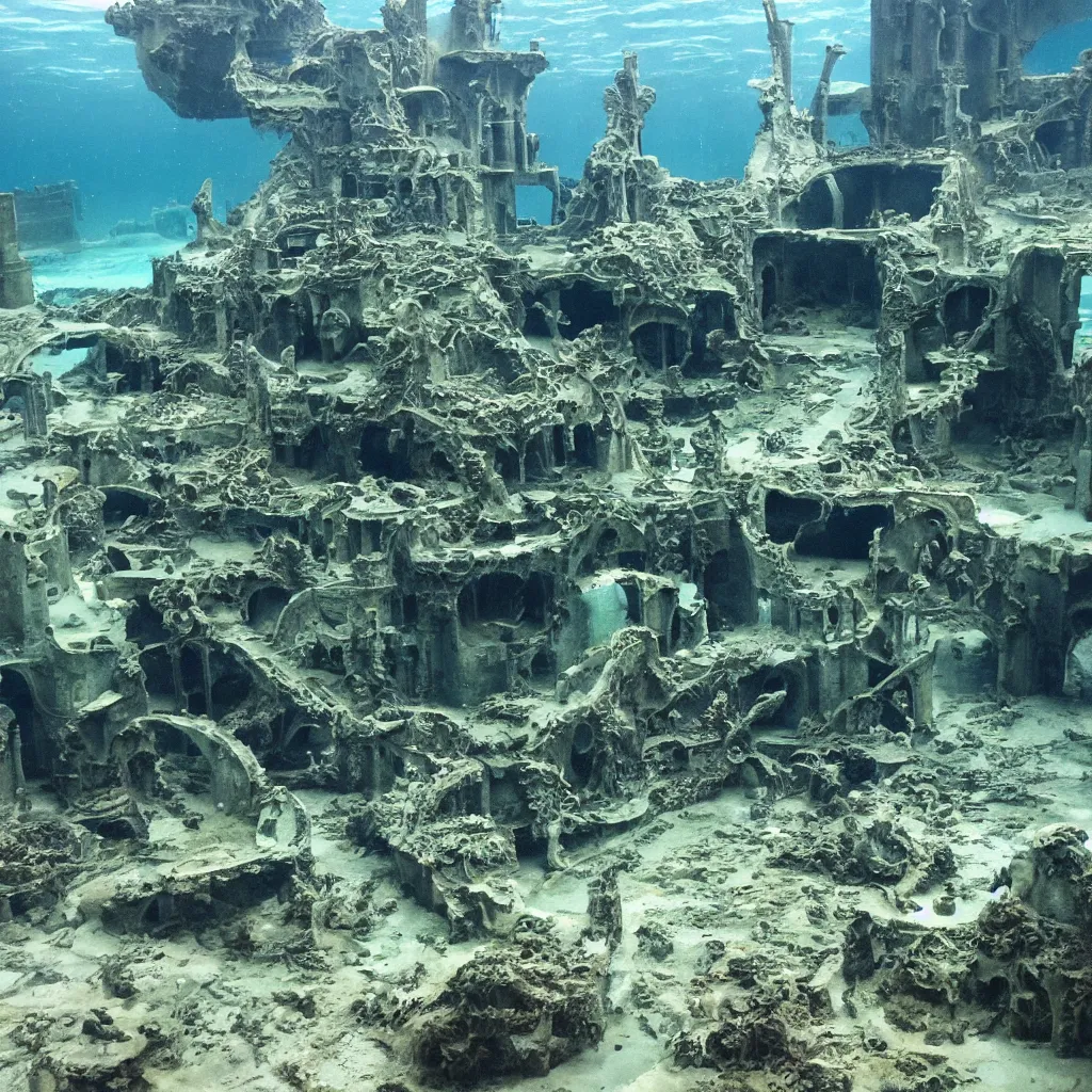 Prompt: Atlantis, submarine city, antique, ruined, destroyed, algae, monstruous fish, Léviathan
