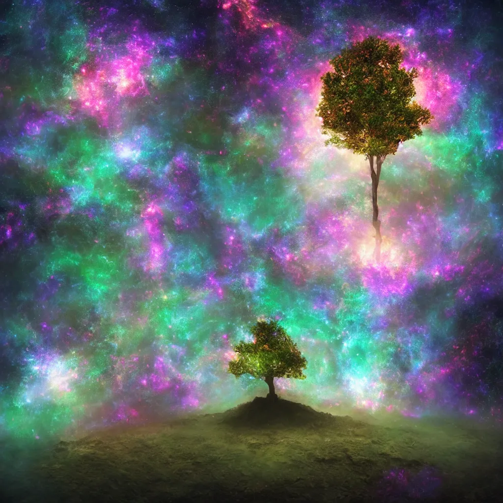 Prompt: Tree in a galaxy made of stars, space, nebulas stars Dmt Psychedelic cosmos, cosmic, Hallucination, night sky; 8k, artstation, unreal engine, octane render, hdr, surrealistic, hyperrealism, glow, photorealistic, volumetric lighting, Dreamy, dynamic, mystical