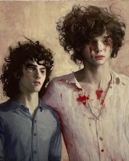 Image similar to two handsome but creepy young people in layers of fear, with haunted eyes and curly hair, 1 9 7 0 s, seventies, wallpaper, a little blood, moonlight showing injuries, delicate embellishments, painterly, offset printing technique, by coby whitmore, jules bastien - lepage