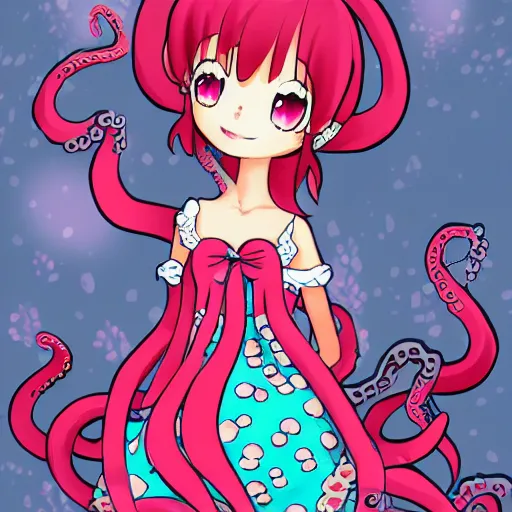 Image similar to a cute octopus girl with a flowy dress under the sea trending on art station anime style