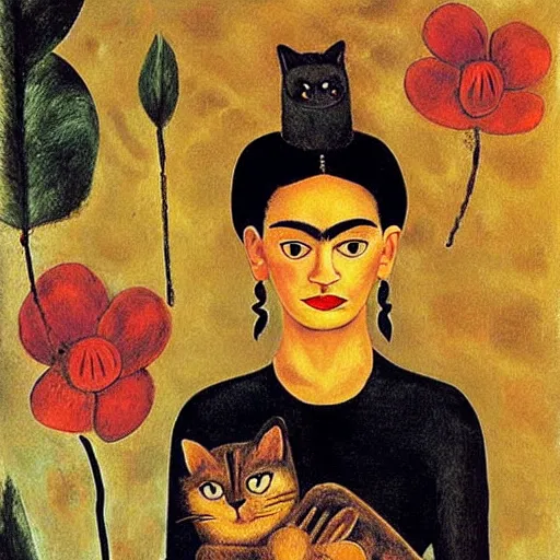Image similar to a woman and a cat by a fire by frida kahlo
