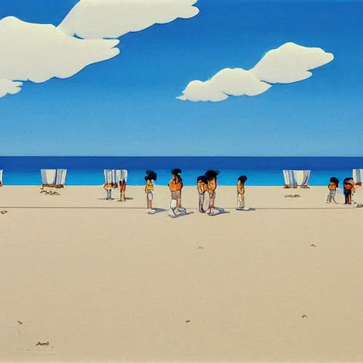 Image similar to a beautiful painting of a sunny day at the empty beach by hiroshi nagai and hirohiko araki, detailed line art