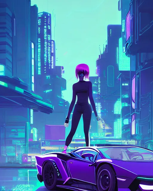 Image similar to digital illustration of cyberpunk pretty girl with blue hair, standing in front of a purple lamborghini, in junkyard at night, by makoto shinkai, ilya kuvshinov, lois van baarle, rossdraws, basquiat