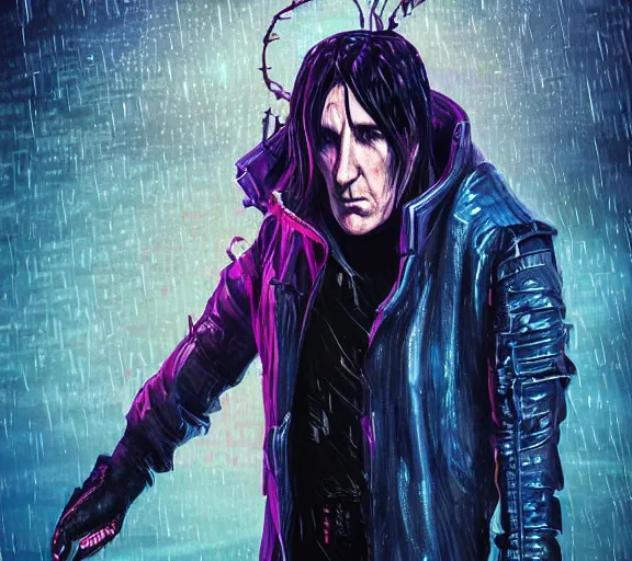 Image similar to an epic fantasy comic book style full body portrait painting of a very beautiful synthwave cyberpunk industrial goth trent reznor as snape in the rain, neon reflections in the rain puddles, character design by mark ryden and pixar and hayao miyazaki, unreal 5, daz, hyperrealistic, octane render, cosplay, rpg portrait, dynamic lighting, intricate detail, cinematic