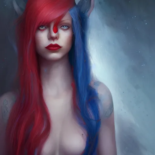 Image similar to A detailed matte oil on canvas head on symmetrical portrait of a distinguished elven woman with red and blue hair on an empty background, by Charlie bowater, Lise Deharme, Wlop, trending on artstationhd, dungeons and dragons art, parted hair , half blue, half red , split dye, critical role