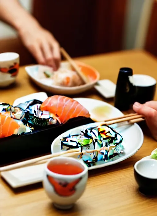 Image similar to clear photograph of cute cats eating sushi from sushi plates