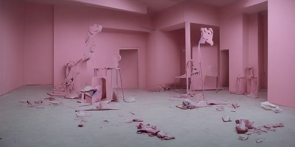 Prompt: a empty pink room with neo concrete art, and bauhause work, objects, sculptures, display, nikon f 2, 3 0 0 0 dpi