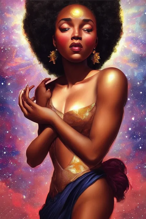 Prompt: beautiful black girl magic, shining glory in front of nebulae bursting halos, crisp digital painting by artgerm, by mucha by caravaggio and face by wlop