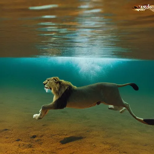 Image similar to photo of lion swimming in river, underwater,