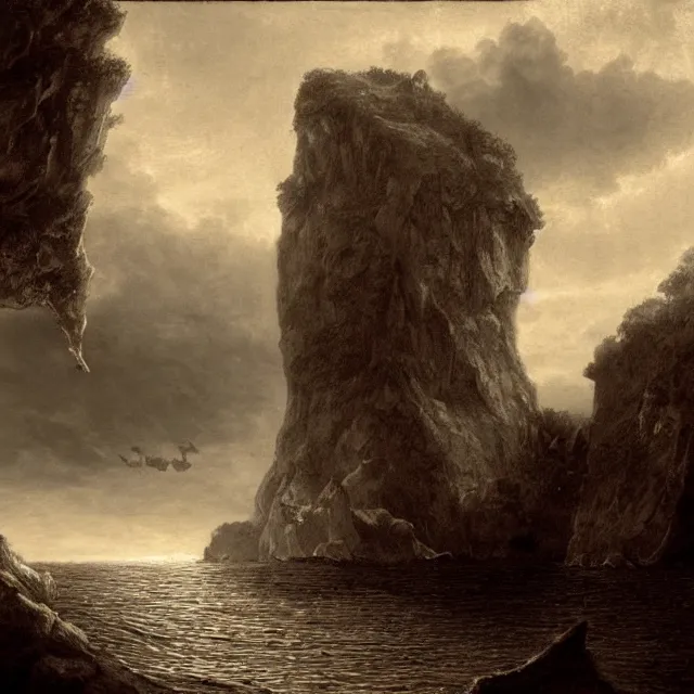 Prompt: photorealistic sepia painting of a pirate ship sailing in front of a tropical island cliff with the mouth of a grotto at the waterline, dark, brooding, atmospheric, lovecraft, by dave dorman