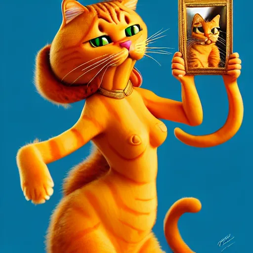 Image similar to fullbody!! personification of garfield the cat as a goddess holding lasagna, stunning, cat face, hyperrealistic, trending on artstation, smooth and sharp, intricate, fine details, highly detailed, elegant, dynamic pose, radiant light, detailed and intricate environment, professional character concept art by tatyana kupriyanova and greg rutkowski and raymond swanland