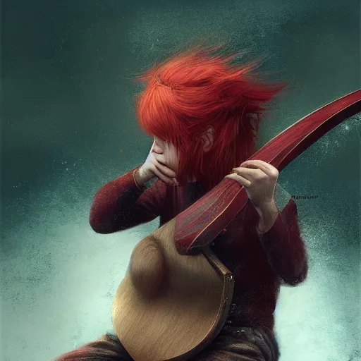 Image similar to red hair boy playing a lute in an inm, dramatic, intricate, elegant, highly detailed, digital painting, artstation, concept art, smooth, sharp focus, illustration, octane render, art by Leesha Hannigan, Ross Tran, Thierry Doizon, Kai Carpenter, Ignacio Fernández Ríos