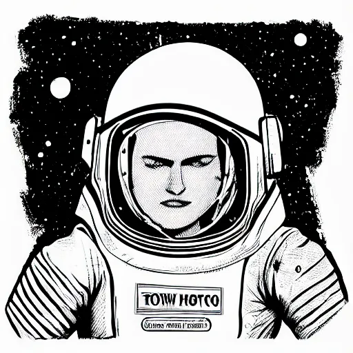 Prompt: illustration of butch tomboy stoic emotionless square - jawed heroic blonde woman astronaut wearing patched punk spacesuit, space helmet with stickers on it, stealing a rocket, pen and ink, ron cobb, mike mignogna, comic book, black and white, science fiction, punk, grunge, used future, illustration, comic book cover, - ar 1 6 : 9