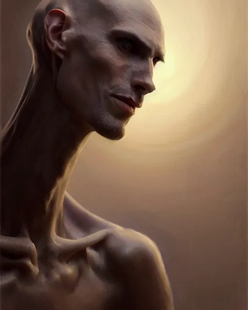 Image similar to epic portrait cinematic shot an skinny tall creature with long arms, long neck, bald, covered in dark substance, fine details. night setting. realistic shaded lighting poster by craig mullism, artgerm, jeremy lipkin and michael garmash, unreal engine, radiant light, detailed and intricate environment, digital art, trending on art station,