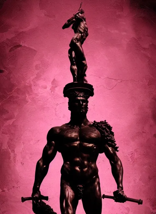 Prompt: dark design poster showing a statue of hercules, black background with very subtle red and purple design elements, powerful, nekro, guido crepax, graphic design, thin lines, dark, glitch art, neo vaporwave, gritty, layout frame, square, trending on artstation