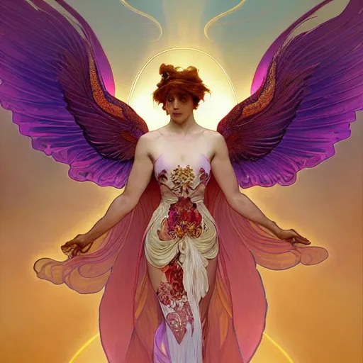 Image similar to a beautiful orchid phoenix angel woman, in an ornamented dress with large wings, volumetric light, god rays, 8 k high resolution, rubies, by alphonse mucha, artgerm, greg rutkowski