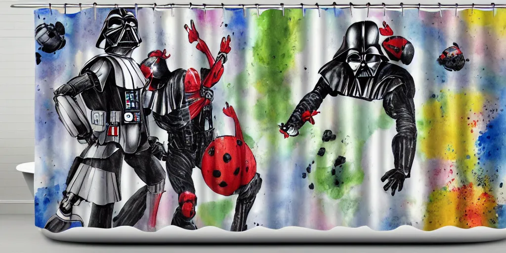 Image similar to shower curtain product catalog. wide - angle photo. on the curtain is a low - angle hero - shot watercolor of a ladybug robot fighting against darth vader. the robot has an epic showdown with darth vader. the water color has ink under drawing. highly coherent, product photography of a shower curtain, product lighting. 4 k, highly detailed. saturated.