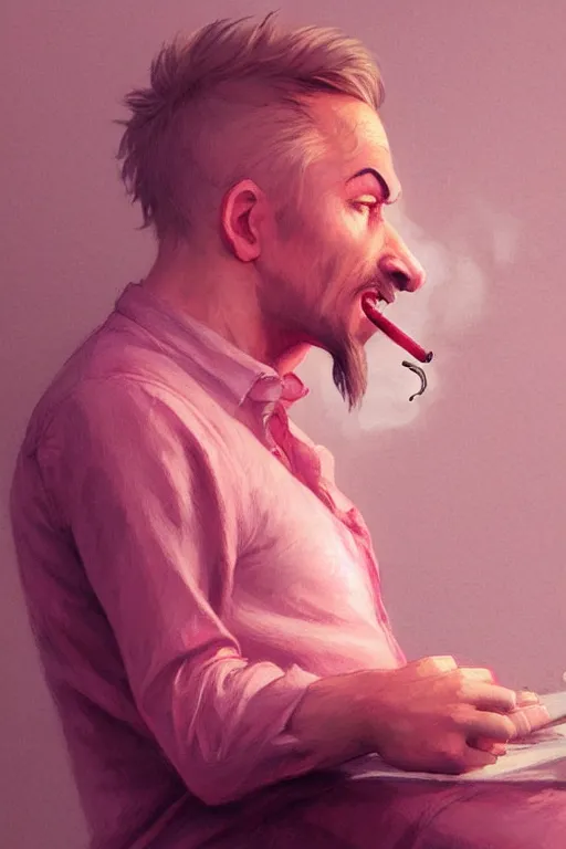 Prompt: realistic antropomorphic sad wolf wearing pink shirt and smoking cigarette, digital painting, artstation, concept art, smooth, sharp focus, illustration, art by kezie demessance, artgerm, james jean, jean giraud, edward hopper, gaston bussiere and greg rutkowski