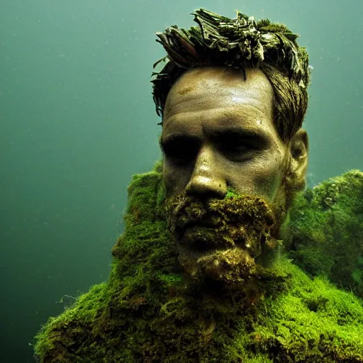 Image similar to Award-winning photograph by Mar Mann. The photo depicts a decaying roman bust of Jim Carrey overgrown with moss at the bottom of the sea in the middle of ruins of civilization. Minimalism, high definition, perfect composition. Deep sea picture. Very dark. Volumetric Lighting. Fish. Darkness. Ruins