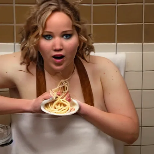 Image similar to fat jennifer lawrence eating spaghetti in the bathroom