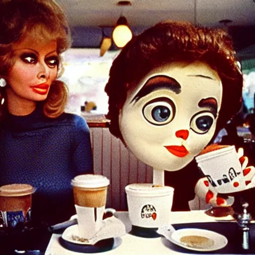 Prompt: 1976 sofia loren and a puppet who looks like casper the friendly ghost having coffee in a diner, 16mm color film, expired film, archival footage in the style of cassavetes, 1976