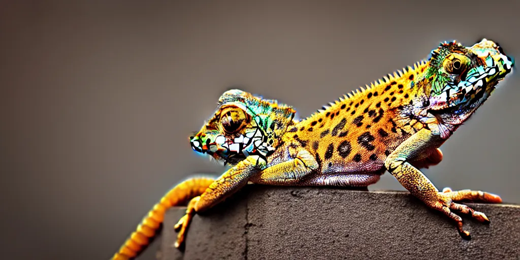 Prompt: a chameleon with leopard fur sitting on a brick wall, highly detailed, 8K, supersharp photo, depth of focus, full body, unusual photo angle