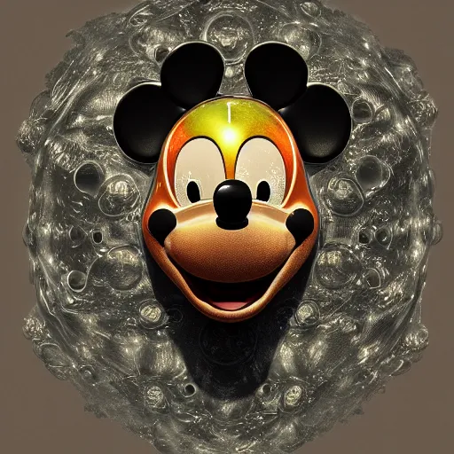 Image similar to mickey mouse head, fractal, broken, wet, mycelium, radiant alien, rococo, baroque, automotive, bio-mechanical, porcelain, iridescent sub surface scattering, octane render